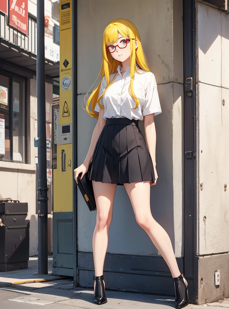 dscs-kyoko, casual clothes, blonde hair, long hair, black eyes, goggles on head, medium breasts, collarbone, full body, solo, 1girl, outdoors <lora:dscs-kyoko-000003:0.5>