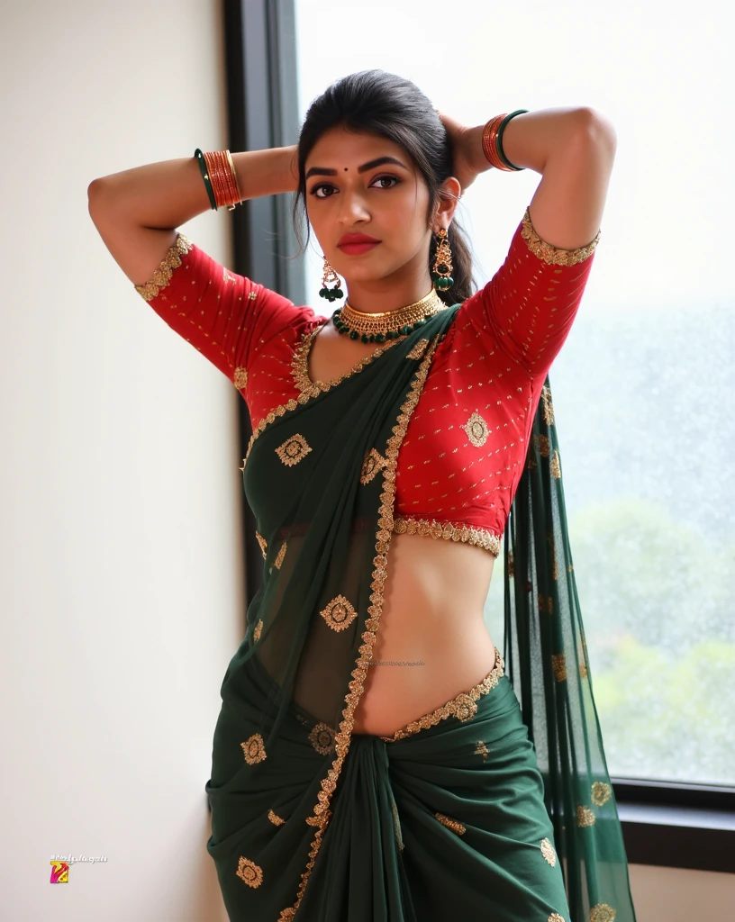 araffe woman in a sari posing for a picture, traditional beauty, indian goddess, very seductive pose, dressed in a sari, attractive pose, indian, very sexy pose, wearing a sari, full body shoot, cinematic goddess body shot, sexy look, sexy girl with dark complexion, sexy movie photo, beautiful pose, wearing sari, actress