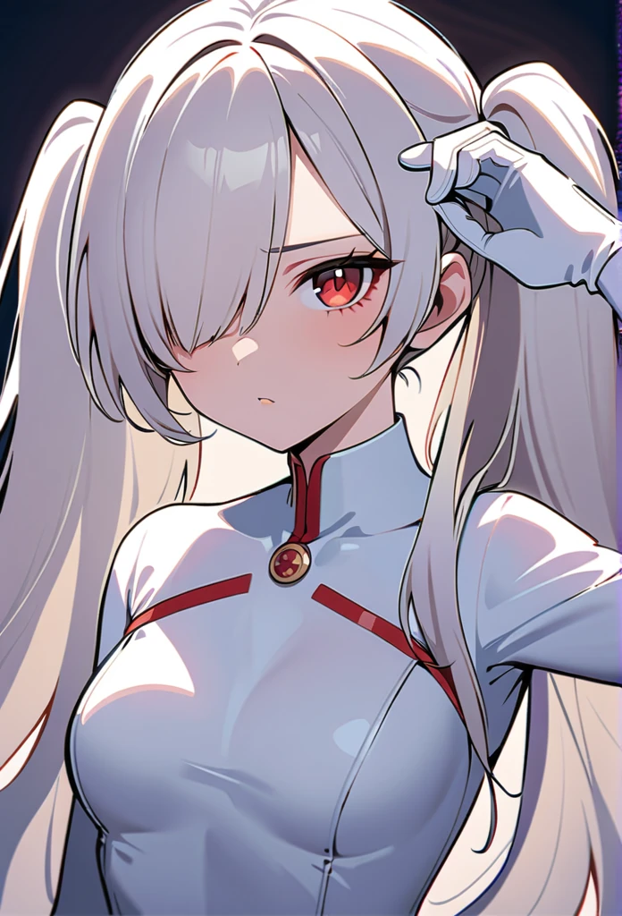 Best Quality, Masterpiece, SagawaStyle, Anakilox 、 Twin Tails、 very long hair、White Hair、Hair covering one eye、 red eyes
The eyes are in a circle
white bodysuit、 see-through skirt 、 white gloves、White shoes、 upper body

