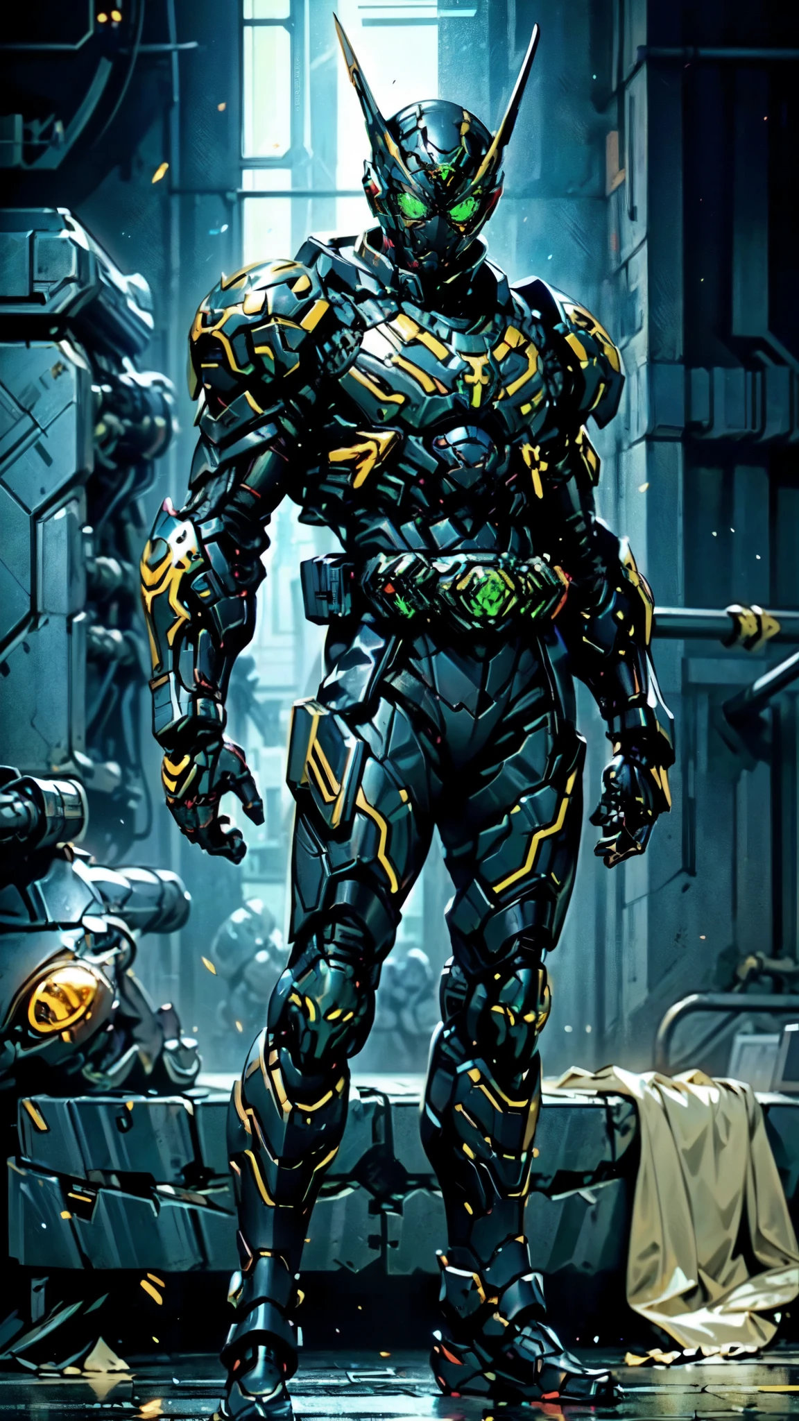 (masterpiece:1.5, best quality:1.5, extremely delicate:1.5), ((male:1.5)), a man wearing a full-face helmet, green eyes, fantasy-style high-tech biomimetic armored combat suit, (a composite layered chest armor), the design balances heavy with agility, fully enclosed shoulder guards, matching arm and leg guards, a belt of gemstone, (the color scheme is primarily Blue and Golden with Black accents, Organic Biotech, Concept Inspired by Kamen Rider, glowing eyes, armor glows, stand of a futuristic sci-fi city), this character embodies a finely crafted fantasy-style armored hero in anime style, exquisite and mature art style, metallic, high definition, highres, ultra-detailed, ultra-fine painting, professional, perfect body proportions, golden ratio, anatomically correct, symmetrical face, extremely detailed eyes and face, high quality eyes, creativity, RAW photo, UHD, 32k, Natural light, cinematic lighting, masterpiece-anatomy-perfect