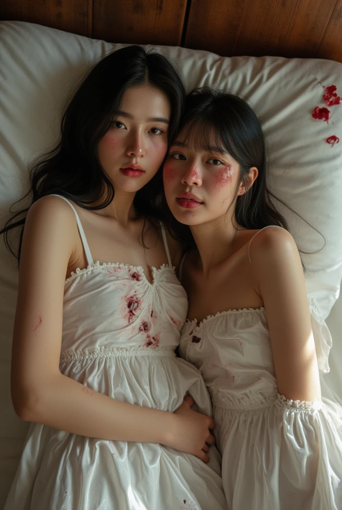   Two Asian women wear full latex dresses. ,, the eyes that fall asleep on the rubber bed.  ,  on the body, there are scars , A small hole  ,  in which the dress has bullet marks ,  pierces the rubber dress , Bleeding, Bloodstained.