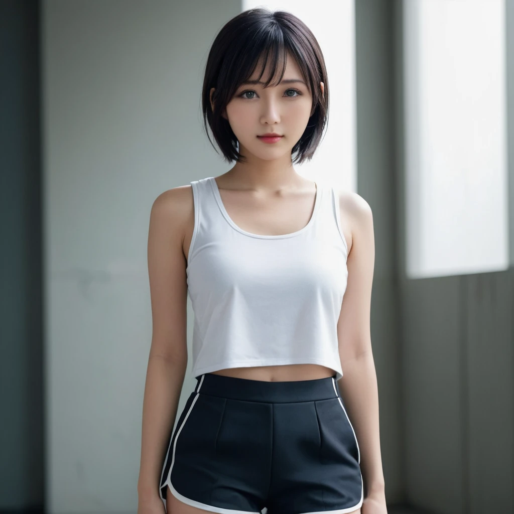 (Solo), (a detailed full-body RAW photo of a girl), (masutepiece:1.0), (Best Quality:1.4), (超A high resolution:1.2), (Photorealistic:1.4), 8K resolution, Canon EOS R5, 50 millimeters, absurderes, ultra-detailliert, (40 year old), Cinematic lighting, Detailed beautiful face, (no-makeup:1.2), (ulzzang -6500-v1.1), petite figure, Detailed skin texture, (flat chest:1.4), (skinny and fit body:1.6), Detailed brown hair,  sweltering,(Very short hair:1.5), See Through wear, (gray and white thin tennis mini skirt:1.5), More transparent, low rise, realistic glistening skin, Detailed texture, Cameltoe, well-developed abs, erect nipples, wet wear, stylish porse, dark tanned skin,