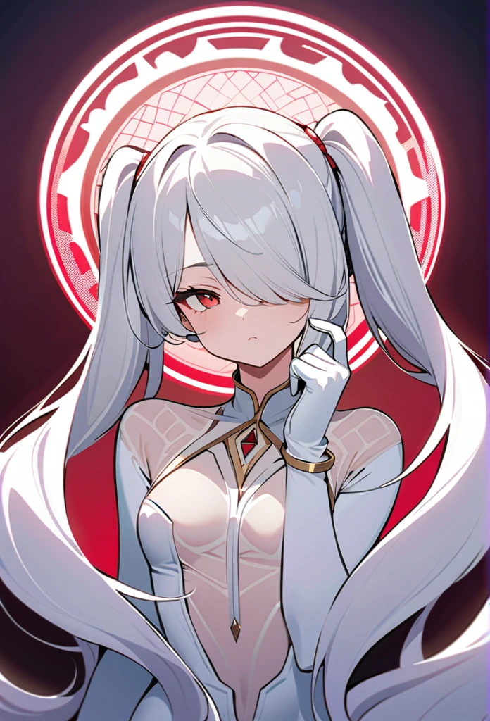 Best Quality, Masterpiece, SagawaStyle, Anakilox 、 Twin Tails、 very long hair、White Hair、Hair covering one eye、 red eyes
The eyes are in a circle
white bodysuit、 see-through skirt 、 white gloves、White shoes、 upper body

