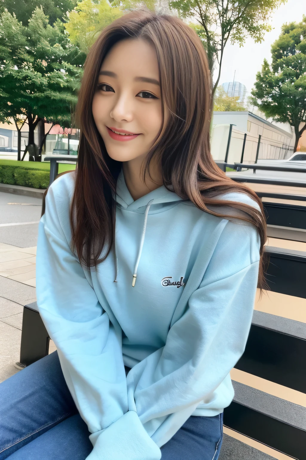 4girl, masterpiece, Best Quality, Illustration, Ultra-detailed, finely detail, hight resolution, 8K Wallpaper, Perfect dynamic composition, Beautiful detailed eyes, long black hair, Natural Lip, blue hoodie and red hoodie , cleavage. vonzy