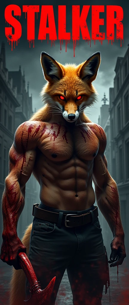 "Design a movie poster for a horror thriller titled 'STALKER.' The poster features a muscular anthro fursuit fox male with glowing red eyes and fur stained with blood. His body is covered in deep scars, representing his violent past. His expression is filled with intense anger and resolve, as he prepares to confront the stalker that has been tormenting him. In one hand, he holds a jagged, blood-soaked weapon, ready to face his hunter. The background is dark and unsettling, with shadowy figures representing the stalker and eerie, dimly lit urban settings that suggest a sense of paranoia and fear. The title 'STALKER' is displayed at the top in bold, red, blood-dripping letters, symbolizing the horror and tension of the film. The tagline reads: 'The hunt has begun, and you're the prey.' The overall color palette includes dark reds, blacks, and grays to create an atmosphere of suspense and dread."