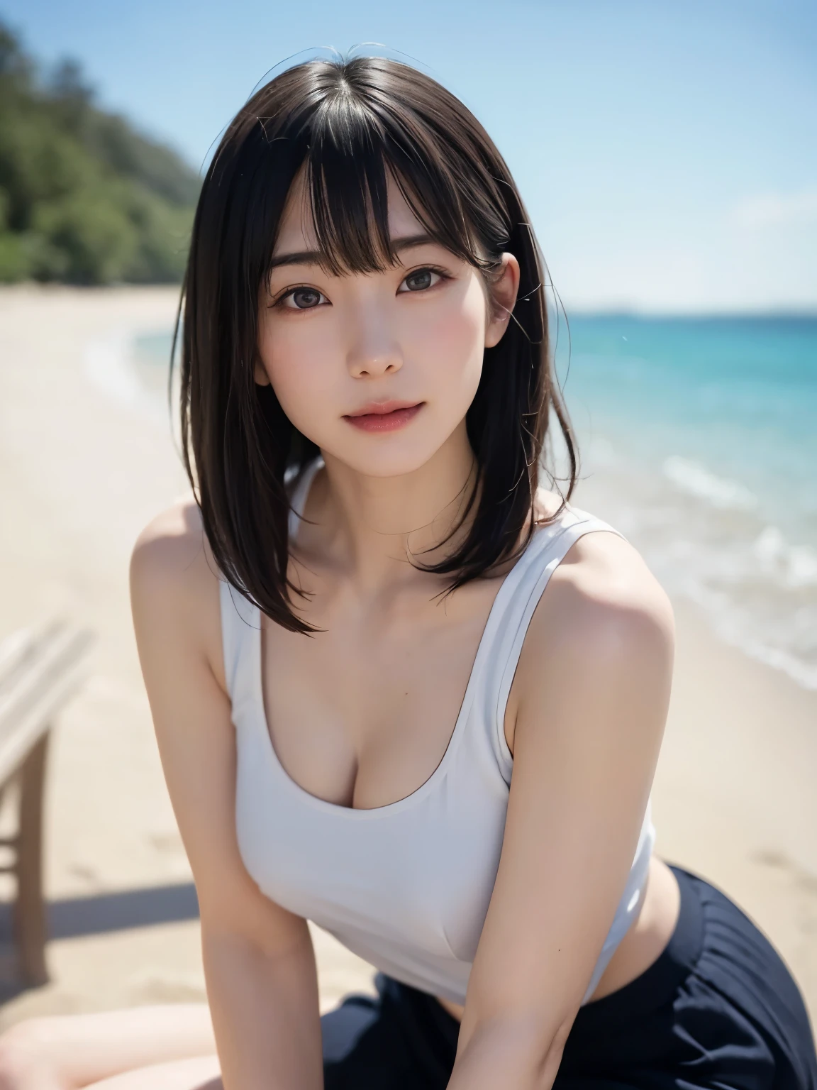 1 girl、highest quality、Realistic、alone、Written boundary depth、Natural soft light、Daytime、charm、Beautiful Face、Cleanliness、Pure Face、White skin、cute、short hair、prohibit、Beautiful blue sky、Beautiful Clouds、Beach、Light of the sun、Nedium Breast Body Esbian、((セーターを着たBeautiful Faceの黄金比 対称性のあるBeautiful Face))、Long neck、Listen carefully、prohibitのあるきれいな短いボブヘア、Laugh with your mouth closed、Perfect hands指、Perfect hands、Perfect body、Perfect Face、Shine a light into your eyes、Perfect Anatomy:1.4、とてもcuteスーパーモデル:1.4