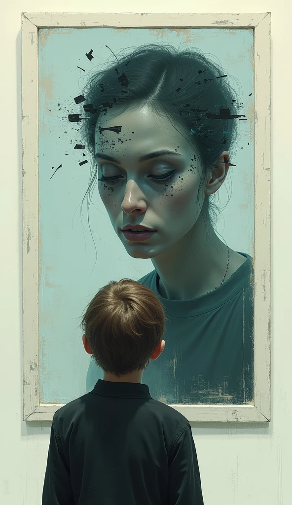 A picture of a woman with terrible face is hanging on the wall and a boy is watching it.