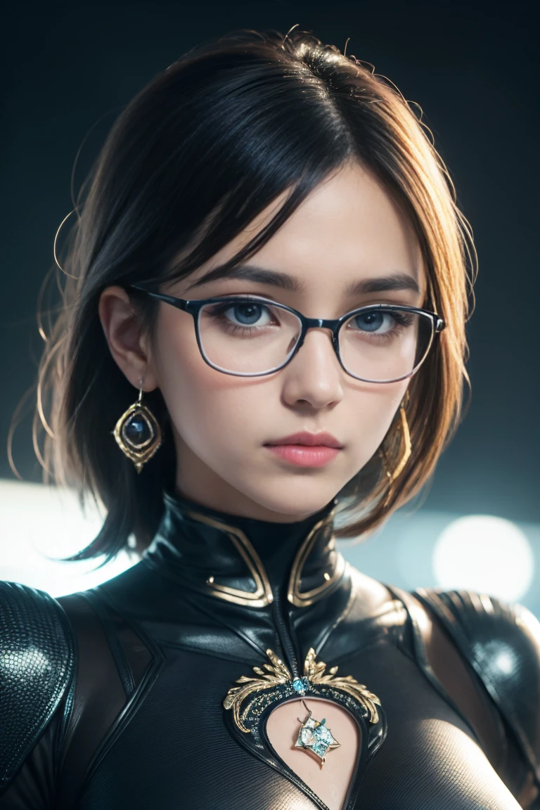 cereza, 1girl, solo, glasses, earrings, mole, blue eyes, gloves, ribbon, (bodysuit:1.2), (face focus:1.5), feathers, mole under mouth, future city background, (realistic:1.2), (realism), (masterpiece:1.2), (best quality), (ultra detailed), (8k), (intricate), (85mm), light particles, lighting, (highly detailed:1.2), (detailed face:1.2), (gradients), sfw, colorful, (detailed eyes:1.5), (detailed background), (rule of third_composition:1.3), (Line of action:1.2), beautiful face, highly detailed face, highly detailed skin, skin pores, subsurface scattering, (realistic), full face blush, full lips, detailed background, depth of field, volumetric lighting, sharp focus, absurdres, realistic proportions, good anatomy, (realistic, hyperrealistic:1.4), 16k hdr, posição dinâmica 