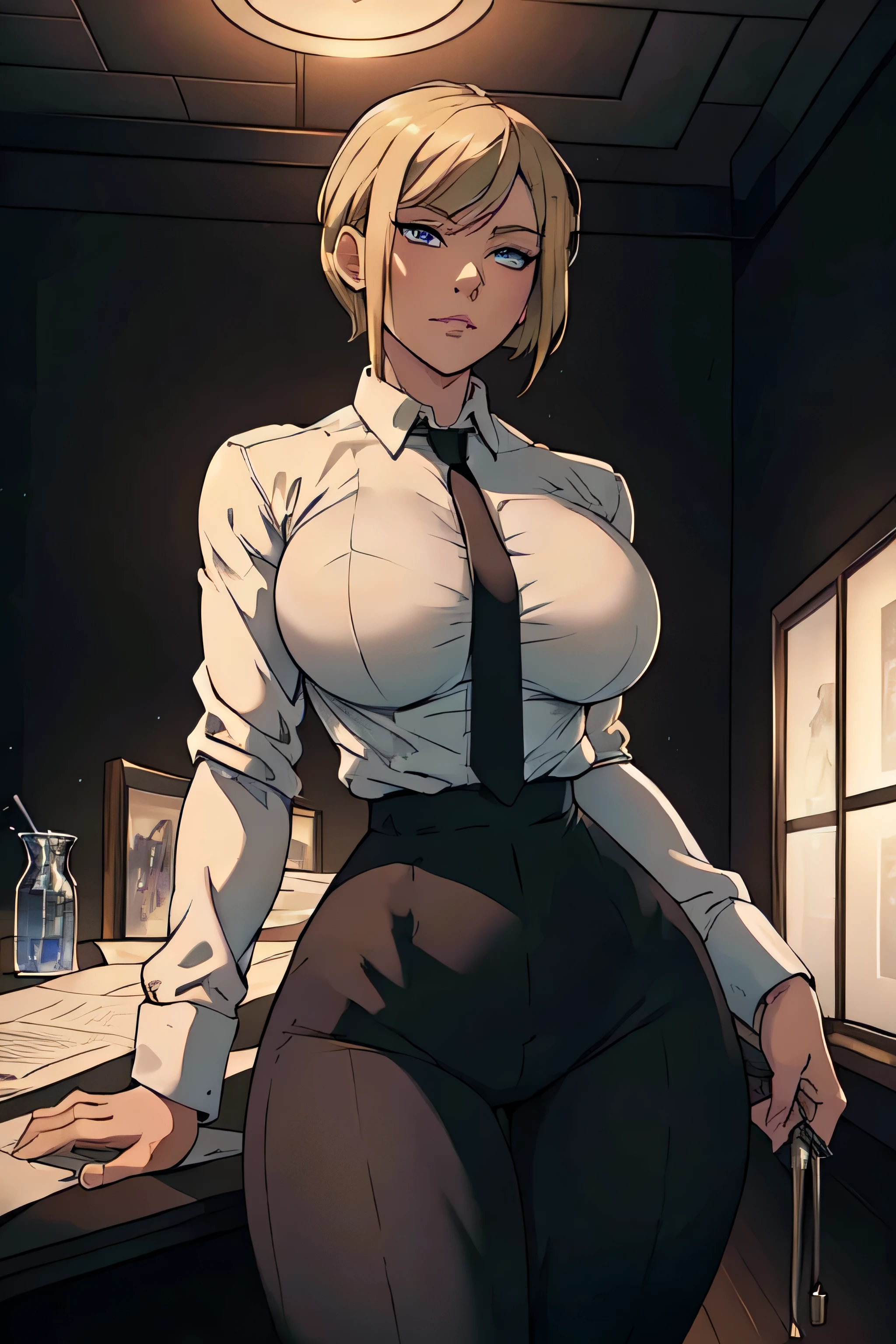 Girl with short blonde hair, blue eyes, wearing A white dress shirt, breasts, with a black tie, defined body, wearing black dress pants, defined waist, hips, collared shirt Holding a Syringe with a purple liquid, In the background, a scene of a scientific laboratory with white walls 