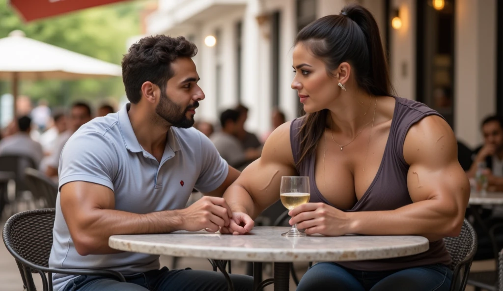 Amina Benali, a 32-year-old Algerian model standing 1.90 meters tall with an extremely muscular body, sits at an outdoor café table in Algiers. She wears a fitted blouse that accentuates her broad shoulders and powerful arms as she enjoys a drink. A man of average height beside her seems utterly impressed by her imposing presence, watching her with admiration.

