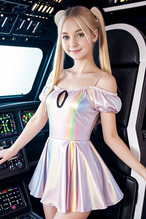 cute 19-year-old blond haired woman, pale white skin, happy, smiling, in twin tails, perfect blue eyes, pale goth skin, silky smooth skin, flying a fancy metal luxurious space ship, futuristic cockpit, she's a pilot, outer space seen in windows, dark warm lighting, wearing a futuristic dress, pleated (chemise) mini dress (pastel rainbow colors, and polka dots), puffy sleeves, silk, pantyhose, cute short cut booties, boots.
