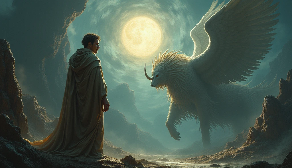 Encontro com as Criaturas: Uma cena que mostra o Grande Arquiteto em sua forma humana, Encountering different creatures of various species in a cosmic setting, com um tom de paz e serenidade.