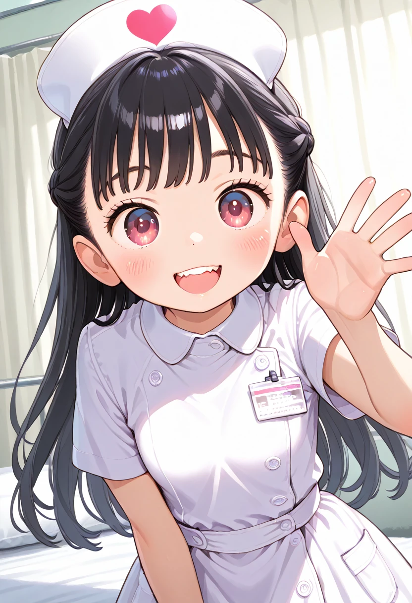 1 Girl、Nurse uniform、Black Hair、Cute、Double teeth、Big Eyes、smile、