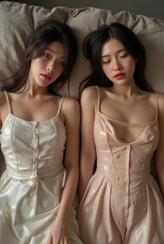   Two Asian women wear full latex dresses. ,, the eyes that fall asleep on the rubber bed.  ,  on the body, there are scars , A small hole ,  in which the dress has bullet marks , Drilling a set of several holes for rubber, Bleeding.