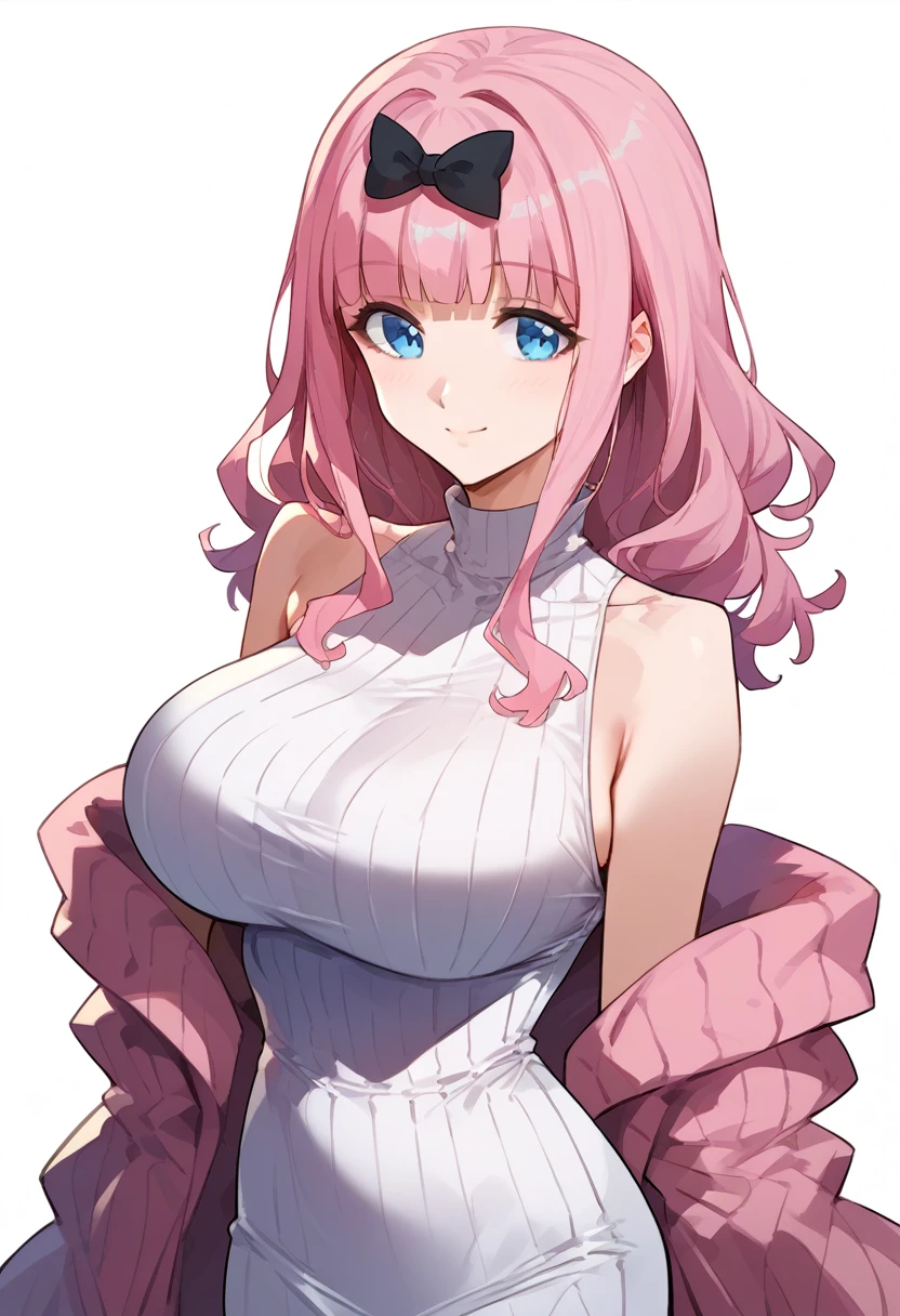 、1girl, Alone,White background, chika, blue eyes, pink hair, hair bow, ,Huge breasts、Long chest、Slim body、smile、White sleeveless high neck ribbed knit dress、The whole body is visible、Standing upright
