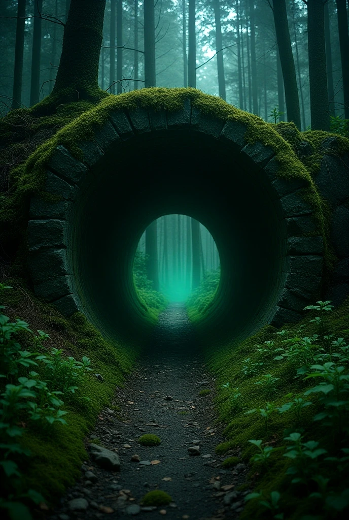 Abandoned tunnel in the back of the forest 、 Green moss growing on the ...