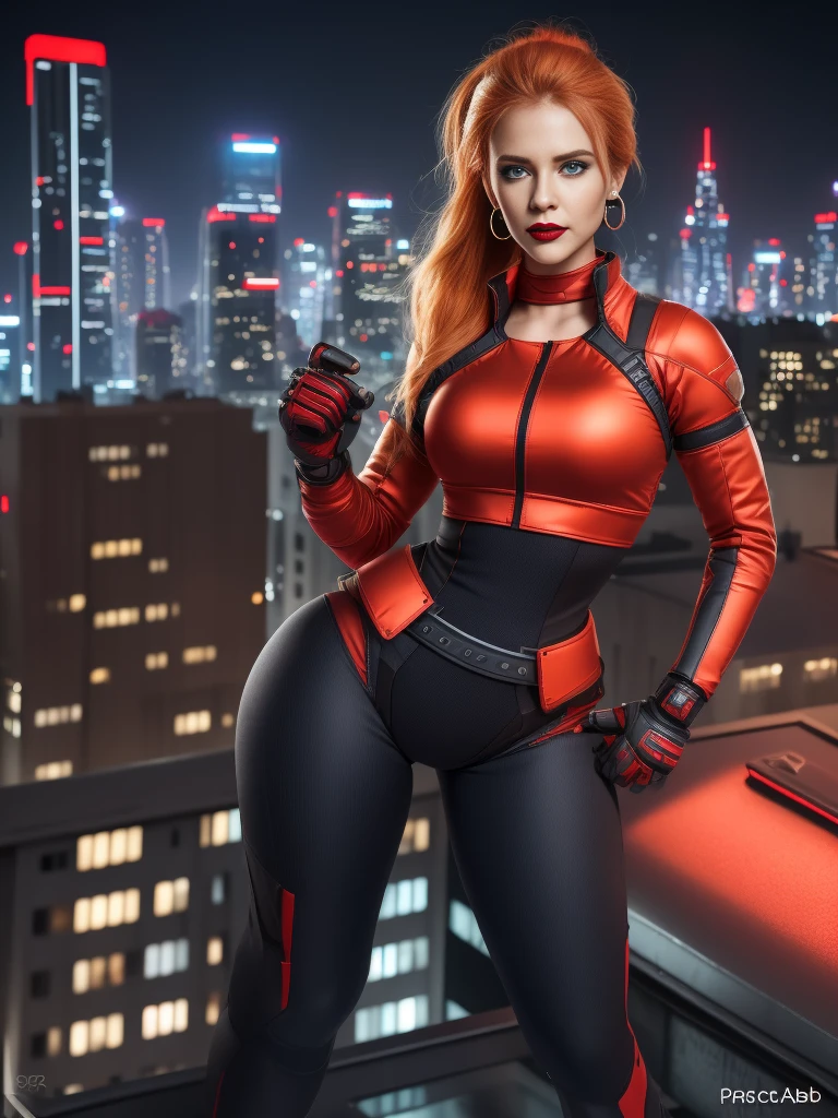 safe_pos, a photorealistic, 8K, (full body:1.5), A mesmerizing, hyper-realistic 16K, source photo, Create a photorealistic, 8K, european girl, holding big weapon, pony tail hair style, 1girl, orange hair, ginger hair,  tight futuristic skirt, elbow gloves, thigh highs, sexy curves, red lipstick, red thighhighs, cyberpunk red jacket, white tank top, high waisted panties, mature female, blue eyes, earrings, mature female, neon-lit cityscape, high-tech aesthetics, reflective surfaces, night-time urban setting, vibrant color palette, dynamic action pose, cyberpunk city background, skyscrapers background, (((on a rooftop))), explotions on background, eyelashes, large breasts, red-black two tones armor,  combat suit, (perfect eyes). perfect teeth, (perfect fingers), red lips, ((big hips)), (hourglass body), (wide hips:1.5), ,earrings, Perfect Hands, hourglass body shape, ((blurry background)), (perfect eyes), 4K,good quality,ultra detailed,more detail XL,FuturEvoLab-lora-mecha,