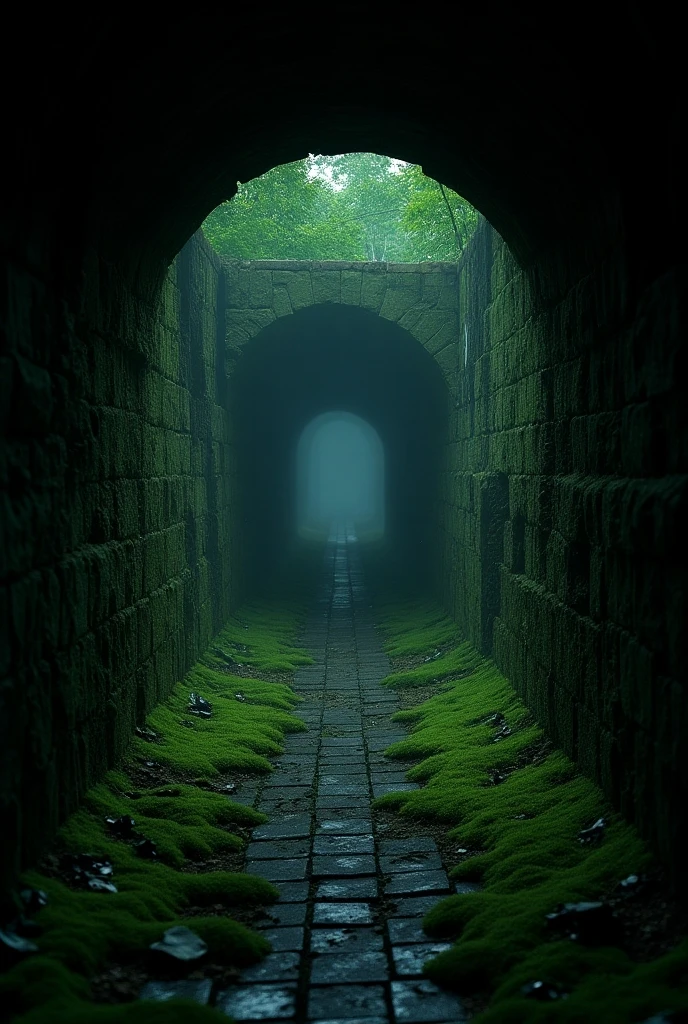 a dilapidated abandoned tunnel in the depths of the forest, moss-covered walls, glowing bioluminescent moss, flickering fireflies, moody lighting, detailed textures and materials, high resolution, photorealistic, masterpiece