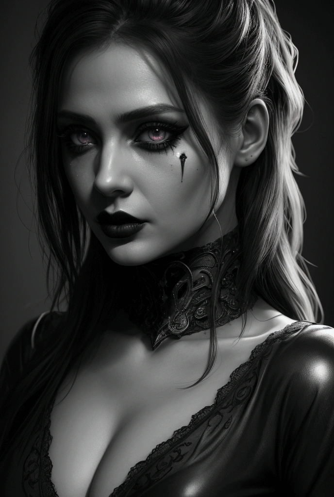 Rocker Nun, tattoos, black lips, white skin, black hair, muscle body, (brown glowing shiny eyes), dynamic background, painting style, beautiful detailed intricate insanely detailed octane render trending on artstation, 8 k artistic photography, photorealistic concept art.
