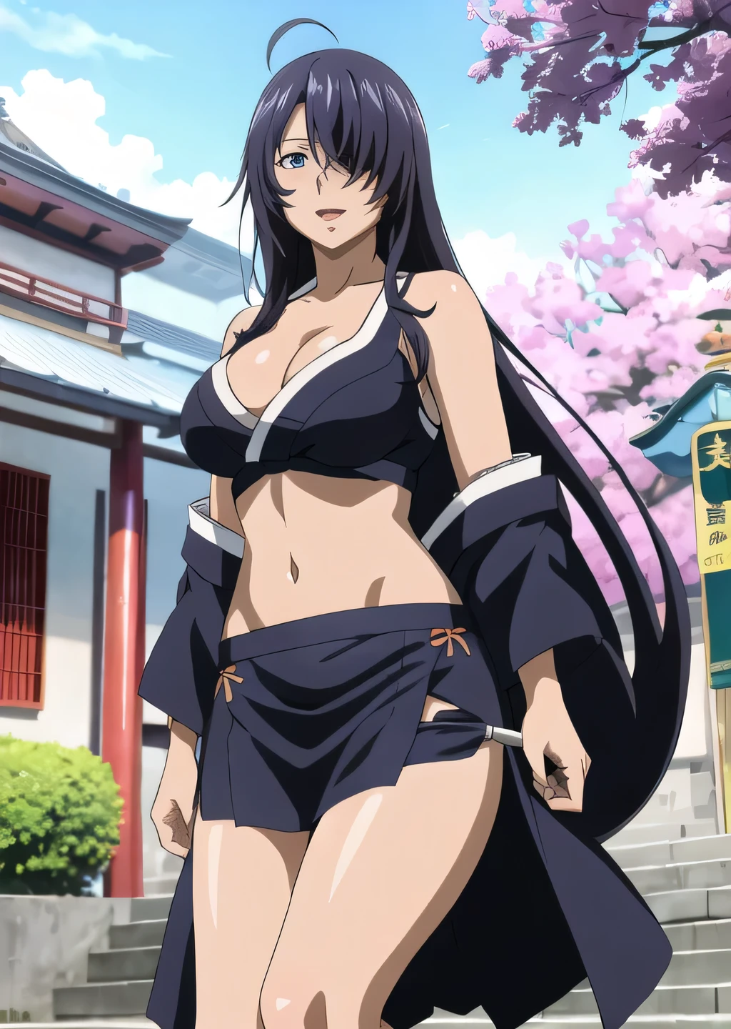  kanu unchou, anime cels style, large breasts:, beautiful face, black hair, long hair, ((hair over one eye)), blue eye, masterpiece, best quality, highly detailed, a anime girls in kimono dress with a sword posing for a
picture, bare shoulder,open kimono, evil smile, open mouth, crop top , (nsfw) not safe for work, smile,
ecchi anime style, anime girls, ecchi style, ecchi, digital anime art!!, in anime style, official artwork, visual
novel cg, beautiful anime girl, anime style 4 k, kimono pencil skirt, exposed belly, exposed navel,
exposed midriff, exposed lower belly, outdoor, japanese architecture, temple