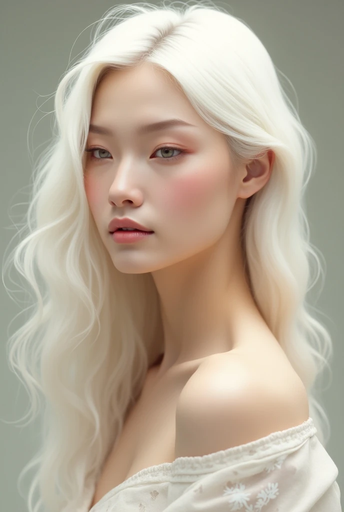 pretty asain girl with straight long hair with bangs in her forehead she has pouty plump natrually pink lips her hair colour is platinum silver with straight eyebrows and a pretty small face shape