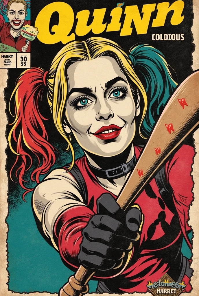 harley quinn, comic book cover, vintage, 1girl, beautiful detailed eyes, beautiful detailed lips, extremely detailed face, long eyelashes, holding baseball bat, psychedelic colors, colorful, vibrant, dynamic pose, dramatic lighting, grunge textures, aged paper, old comic book style, hand-drawn, pop art, bold colors, complementary colors, comic book panel, retro, 80s, (best quality,4k,8k,highres,masterpiece:1.2),ultra-detailed,(realistic,photorealistic,photo-realistic:1.37)