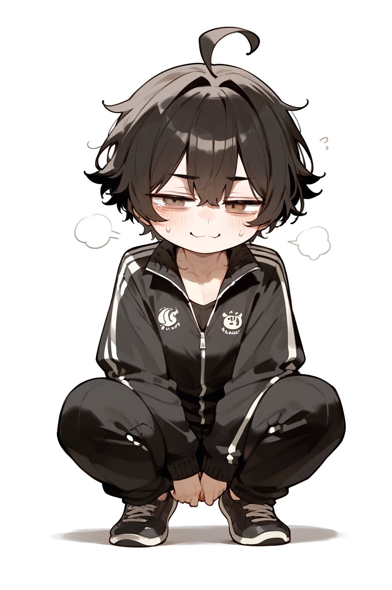 (score_9,score_8_up,score_7_up,),score_9,score_8_up,score_7_up, {{{{{{kame (kamepan44231), full body, chibi, medieval fantasy}} 1boy, asian, brown eyes, black hair, short hair, fluffy hair, hair flaps, ahoge, bags under eyes, narrowed eyes, black tracksuit, black track jacket, sweatpants, shirt tucked in, blush, smug,, squatting, white background, simple background.