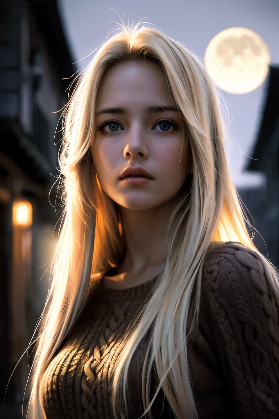 Best quality, masterpiece, ultra high res, (photorealistic:1.4), raw photo, 1girl, long hair, blonde messy hair, detailed eyes and face, frowning, brown sweater, medium breasts,  dynamic lighting, moon light, in the dark, quiet street, deep shadow, low key, cowboy shot