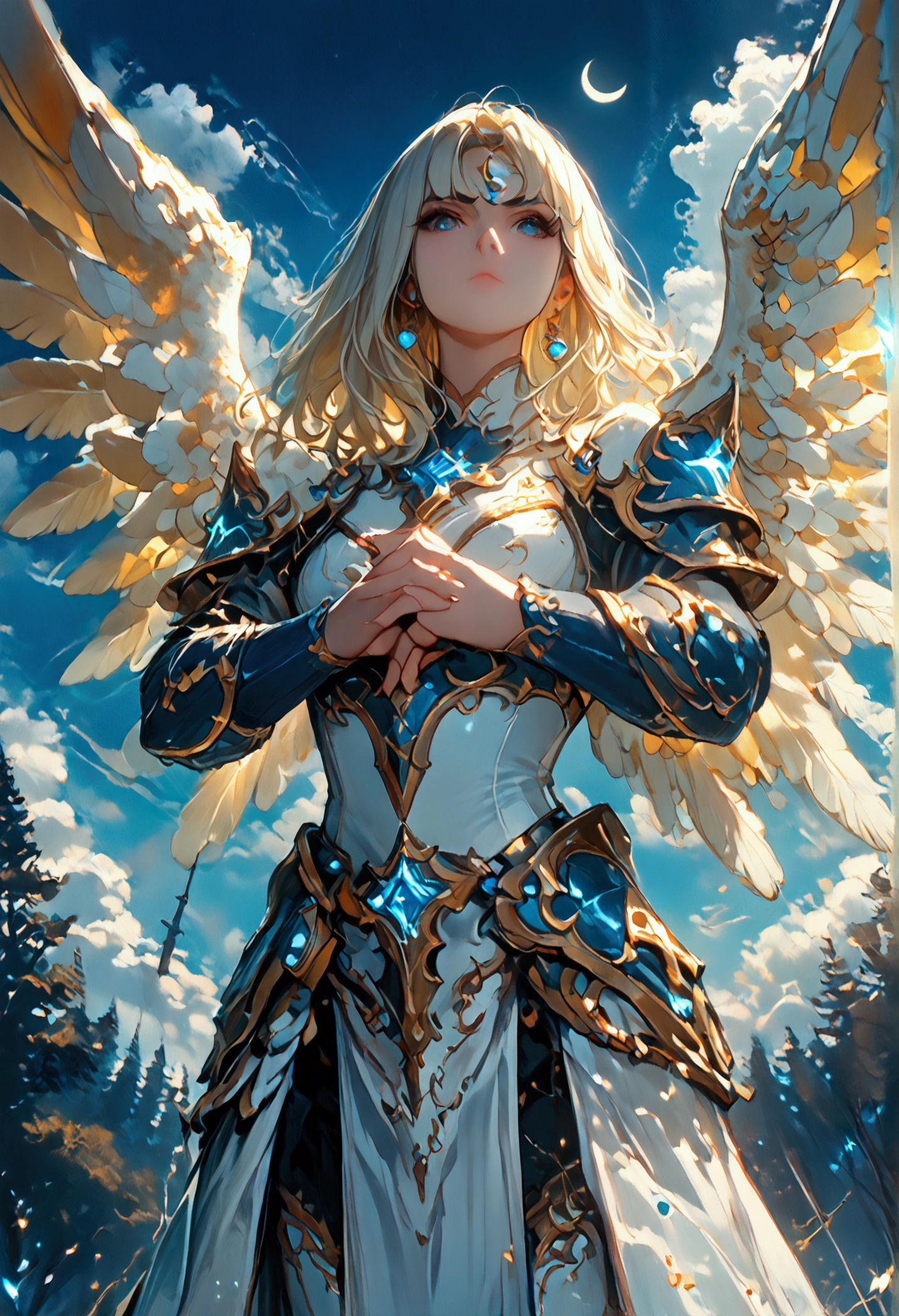 score_9, score_8_up, score_7, an epic fantasy art portrait of aasimar, female, paladin ready for battle under the full moon, holy warrior, spread large feathered wings, majestic wings, white angelic wings spread (Masterpiece, intense details: 1.5), moon light, moon, stars, clouds, holy symbol, armed with a divine sword, wearing holy armor, dynamic hair color, dynamic hair style, dynamic skin complexion, dark fantasy (forest background: 1.3), many trees, under the moonlight, some stars in the sky, some clouds, moon rays, determined face, god rays, cinematic lighting, glowing light, silhouette, from outside, photorealism, panoramic view (Masterpiece 1.3, intense details) , Wide-Angle, Ultra-Wide Angle, 16k, highres, best quality, high details, 16K, ultra detailed, masterpiece, best quality, (extremely detailed), arafed, dnd art, portrait, full body, magical sky, cloud, sky, hkstyle