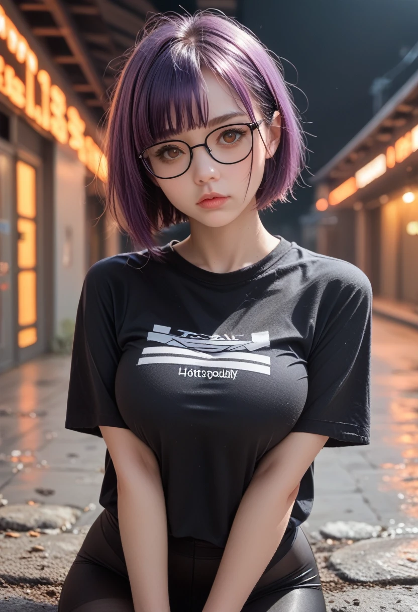 (Photorealism: 1.2) Beautiful girl, very large breasts, pale white skin, short purple hair, beautiful brown eyes, black eyeliner, teen face. Laser light hotspring background. Black tight shirt. Neon orange miniskirt. Glasses.