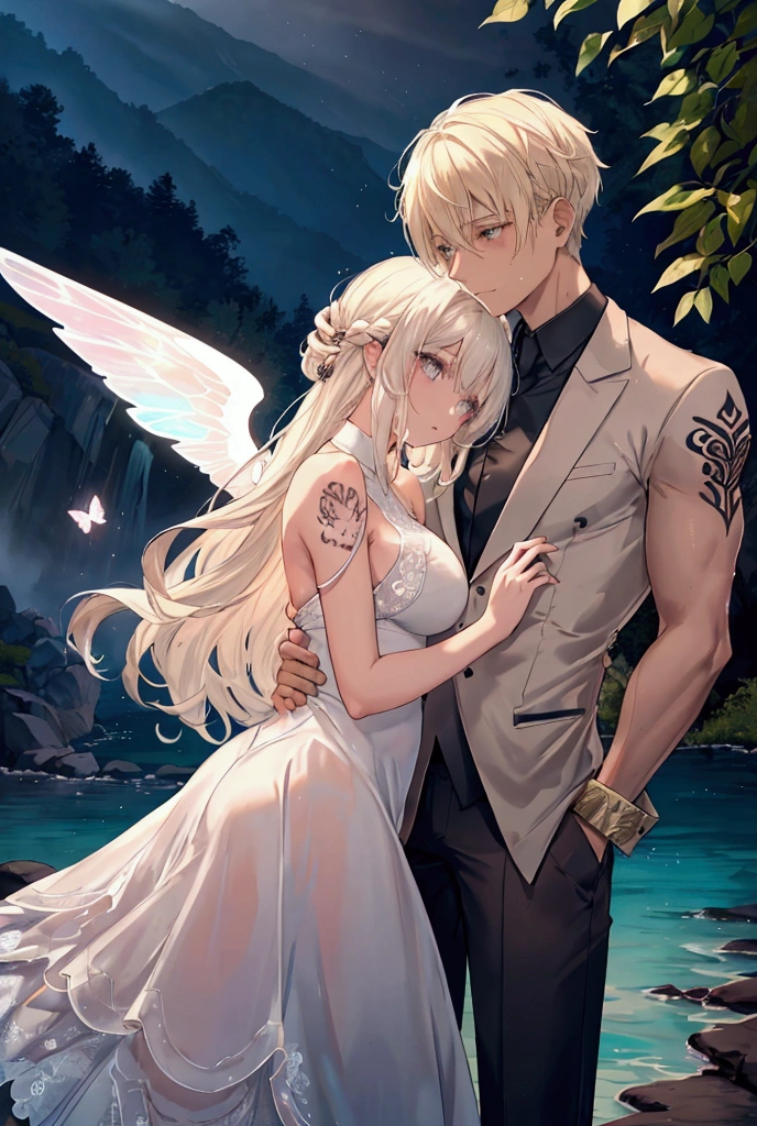 Ultra detailed, HDR, Highres, absurdres, master piece, Aida, ash blonde hair with bangs, expressive green eyes, Gojou Satoru, white hair with bangs, expressive blue eyes, black shirt, white dress with patterns, Jujutsu Kaisen, flowers, butterflies, fantasy, magical, green leaves, summer, a beautiful woman together with a handsome man, couple, love, sensual, island, sexy, smiling