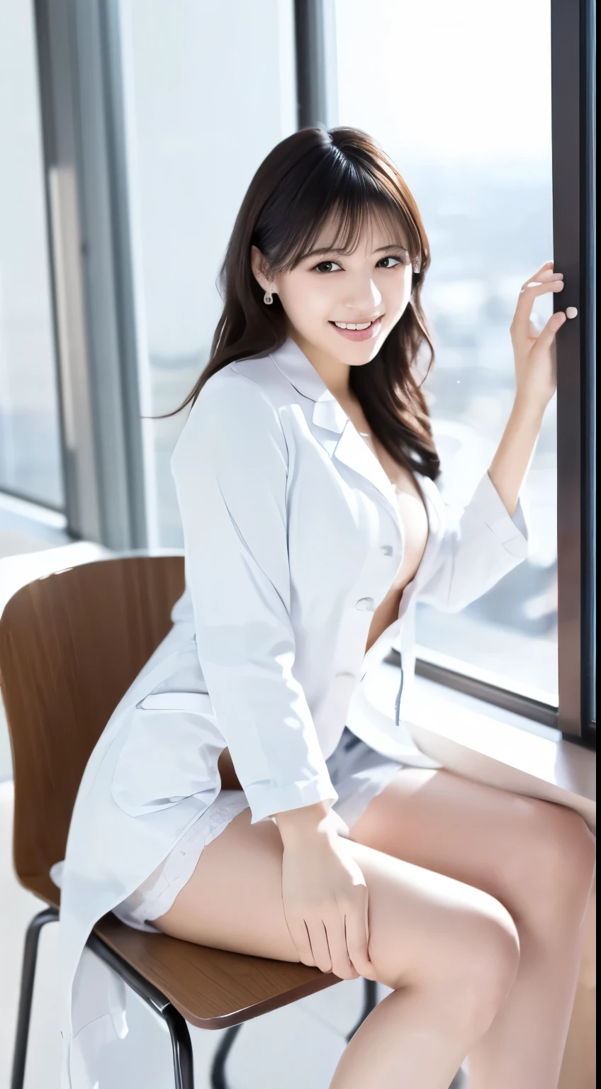 (( table top, Best Quality, high resolution on down, , pixel perfect, 4K,))), 1 female teacher, single, Alone, Beauty、 The whole body is visible、 ((Mid-wave hair, bangs, Brown Hair)), (( Brown Eyes , beautiful eyelashes , Realistic eyes)), (( detail face , blanking in books:1.2)), (( smooth texture:0.75, Realistic texture:0.65, Realistic:1.1, anime CG style)), medium bust , Dynamic Angle , perfect body , (( , , Braless female doctor in a white coat、、 soft , 、))、、 Very Embarrassing Panic Smile, 、 black flare skirt 、classroom、 sits on a chair、、、(Show off your white lace shorts、 feet )、 flying over the city from below )、、(screw up_Yokono:1.3)、Beautiful legs