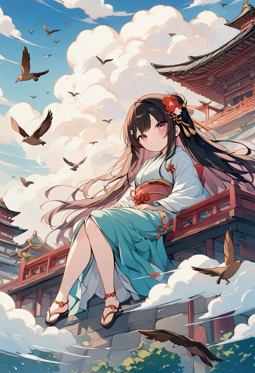 Anime girl in kimono sitting on cloud、Birds are flying above, Anime Style 4k, Japanese Art Styles,  more beautiful than Kira,  more beautiful than Kira artwork,  Anime Art Wallpaper 4K, anime art wallpaper 4k,  anime wallpaper 4k , anime wallpaper 4k,  more beautiful than Kira art,  more beautiful than Kira style, Anime Art Wallpaper 8K, palace ， Girl in Hanfu