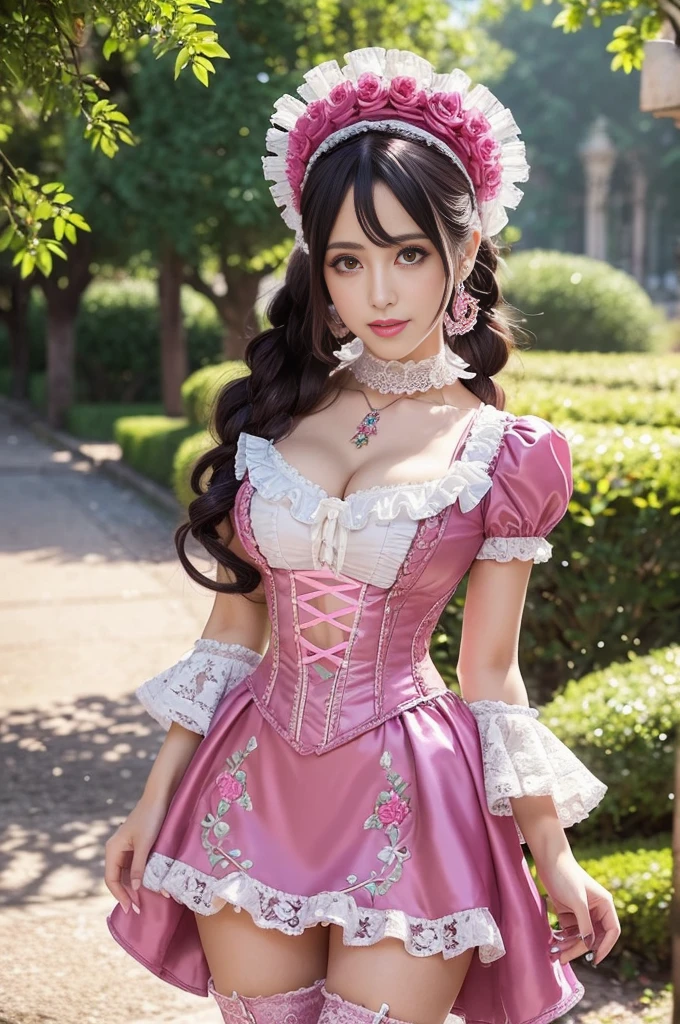 (nsfw), sexy stylish Swedish model, only 1 female, ((doll-like appearance)), long neon fuchsia stylish hair, ((shiny Victorian-Style boots)), (big smile), ultra detailed eyes, vivid eye makeup, lipgloss, long lashes, defined eyebrows, (medium naked breasts), ((sexy Paradise Kiss cosplay)), (naked aroused open pussy), bell-shaped skirt, petticoats, high neckline, puffed sleeves, ((ultra detailed lace)), ((ultra detailed embroidery)), intricate details, Paradise Kiss accessoires and matching headpiece, choker, ((large sparkling Paradise Kiss jewelry)), cinematic light, detailed large park background with trees