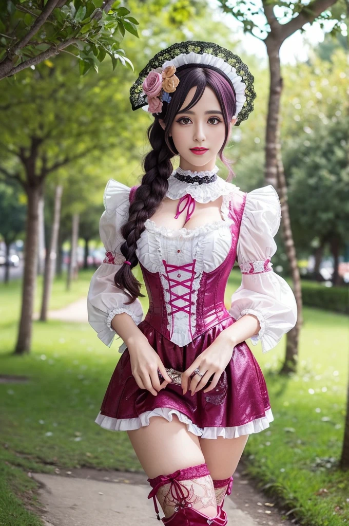 sexy stylish Spanish model, only 1 female, ((doll-like appearance)), ((ultra detailed Victorian-Style boots)), beautiful smile, ultra detailed eyes, vivid eye makeup, lipgloss, long lashes, defined eyebrows, ((sexy Paradise Kiss cosplay)), bell-shaped skirt, petticoats, high neckline, puffed sleeves, (( ultra detailed lace)), ((ultra detailed embroidery)), intricate details, Paradise Kiss accessoires and matching headpiece, choker, ((large sparkling Paradise Kiss jewelry)), cinematic light, detailed large park background with trees 