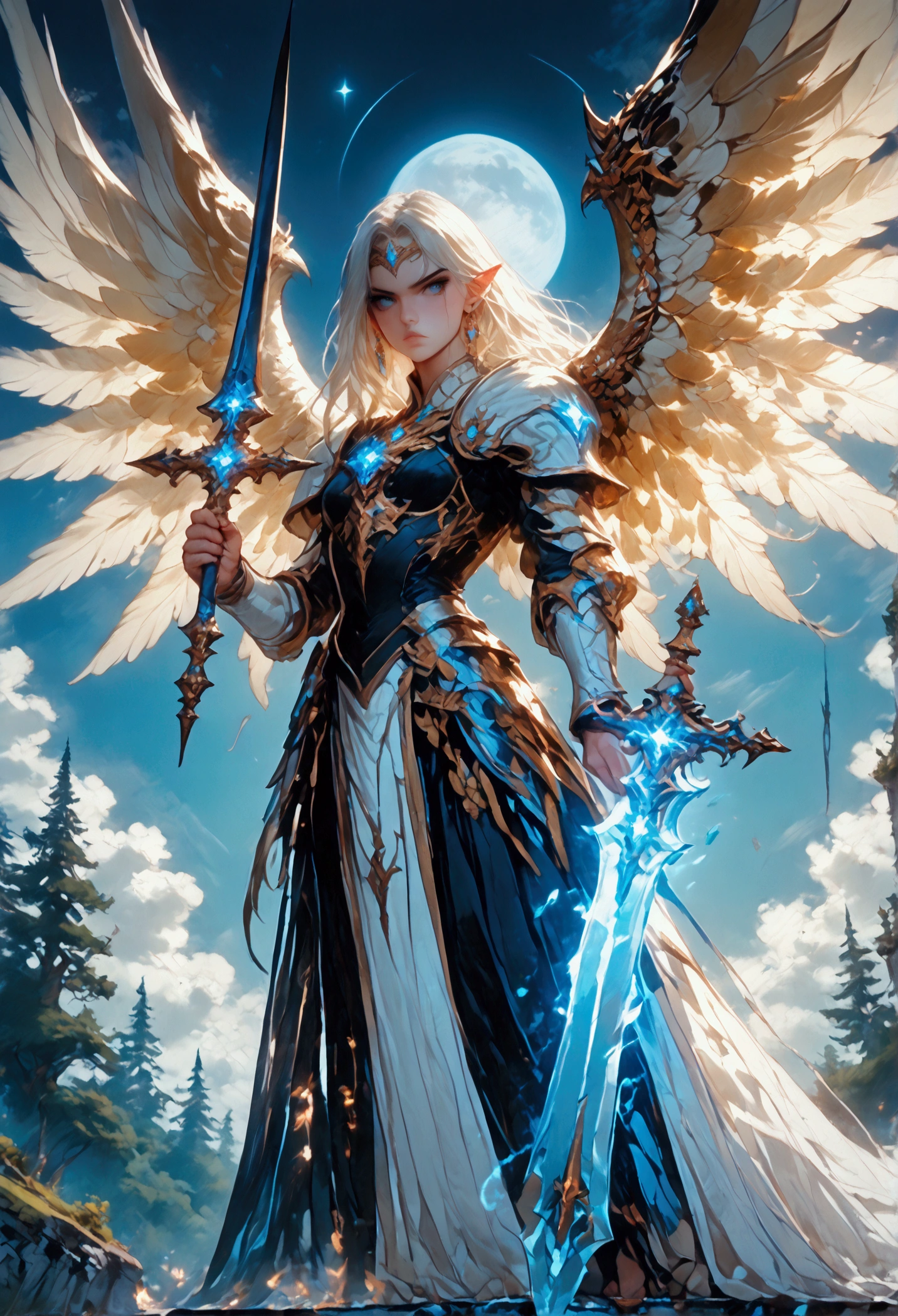 score_9, score_8_up, score_7, an epic fantasy art portrait of aasimar, female, paladin ready for battle under the full moon, holy warrior, spread large feathered wings, majestic wings, white angelic wings spread (Masterpiece, intense details: 1.5), moon light, moon, stars, clouds, holy symbol, armed with a divine sword, wearing holy armor, dynamic hair color, dynamic hair style, dynamic skin complexion, dark fantasy (forest background: 1.3), many trees, under the moonlight, some stars in the sky, some clouds, moon rays, determined face, god rays, cinematic lighting, glowing light, silhouette, from outside, photorealism, panoramic view (Masterpiece 1.3, intense details) , Wide-Angle, Ultra-Wide Angle, 16k, highres, best quality, high details, 16K, ultra detailed, masterpiece, best quality, (extremely detailed), arafed, dnd art, portrait, full body, magical sky, cloud, sky, hkstyle