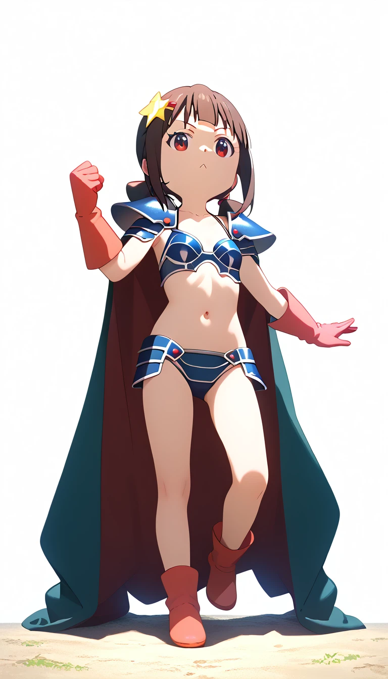 masterpiece, highest_quality, ultra_detailed, from_below, full_body_shot, (komekko, 7_years_old, chibi, slender, armor, bikini armor, cape, collarbone, gloves, navel, pauldrons, shoulder armor, flat_breasts), full_of_details, detailed_face, fighting_pose