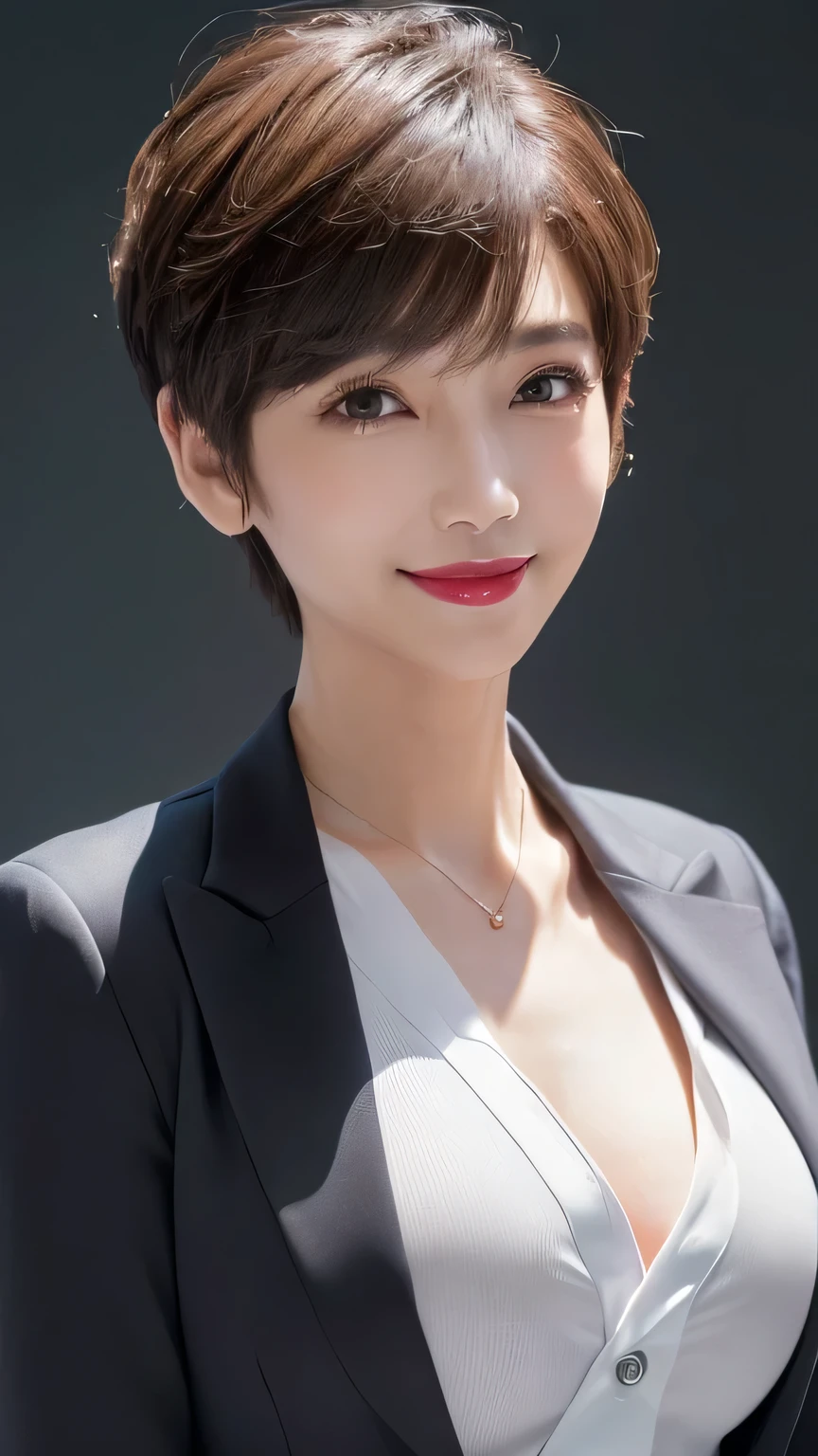 top-quality。８K-Picture。girl with。Beautiful woman with perfect body shape。Slim abs。Purple hair。(Colossal tits：1.4)。cute eye。二重まぶた。(Boyish shorthair)。On the nape、Reaping。It has a very delicately drawn face and skin texture.。Perfect Style。Boyish but busty。wearing black suit。Big breasts visible from above。Although wearing a suit、Mi、It's amazing when you take it off.。