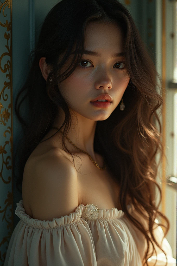 NSFW,4K,((Highest quality)),((masterpiece)),BREAK,((one girl)),(detailed),(in Toilet),((One girl)),((perfect anatomy)),nsfw,((nude)),(naked),((19 years old)),((flat chest:1.4)),(stare at viewer with stern eyes:1.5),((delicate face and eyes)),((one girl)),(bitting own lip:1.1),(angry:0.9),nose blush,(shamefull:1.2),(Waterfall braid hair),(beautiful hair),surprised, ((beautiful realistic face)),((skinny:1.3)),(delicate face and eyes),Beautiful Korean Women, Beautiful young Korean woman, Young and adorable Korean face, Gorgeous Young Korean Woman, Korean Girls, Girl cute beautiful face, Portraits of Korean female idols, Young and pretty Asian face, Cute natural anime face,Asian pretty face,((finely detailed face)),(Big eyes:1.2),((glistening eyes)),((glistening eyes )),((large eyes)),(( pretty eyes)),((intricate choker necklace)),(detailed),(Perfect Face),(Lanky:1.2),((One girl)), ((clear eyes)),((show nipples)),((beautiful skin)),don't wear anything ,(upper body),(Equal left and right eyes), (nsfw:1.5),(show nipples),(don't wear anything),(nipples facing upwards), correct arm,((silk Gown)),((frilled panties))