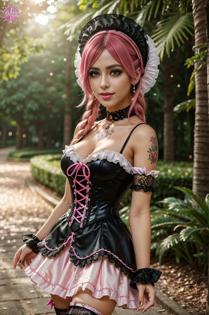 sexy stylish Swedish model, only 1 female, ((doll-like appearance)), long neon pink stylish hair, ((shiny Victorian-Style boots)), (beautiful smile), ultra detailed eyes, vivid eye makeup, lipgloss, long lashes, defined eyebrows, ((sexy Paradise Kiss cosplay)), bell-shaped skirt, petticoats, high neckline, puffed sleeves, (( ultra detailed lace)), ((ultra detailed embroidery)), intricate details, Paradise Kiss accessoires and matching headpiece, choker, ((large sparkling Paradise Kiss jewelry)), cinematic light, detailed large park background with trees
