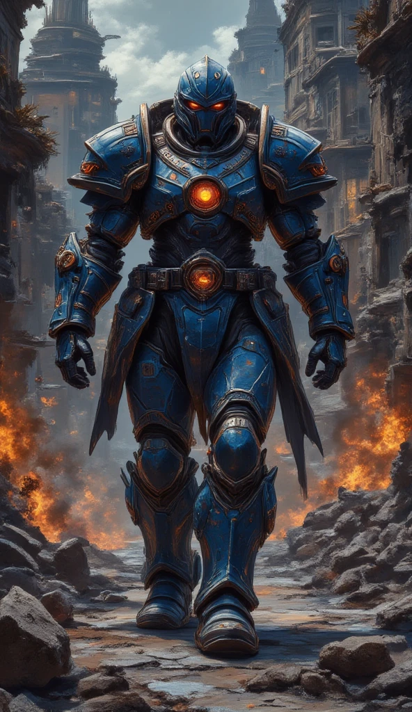 a highly detailed portrait of Captain Titus from Warhammer 40000, wearing blue armor without a helmet, walking through ruined city, destroyed streets, extremely detailed face, detailed armor, ruined buildings, destroyed roads, dramatic lighting, moody atmosphere, dark orange camera filter, cinematic composition, muted color palette, gritty realistic style, intricate details, masterpiece, 8k, photorealistic, ARW