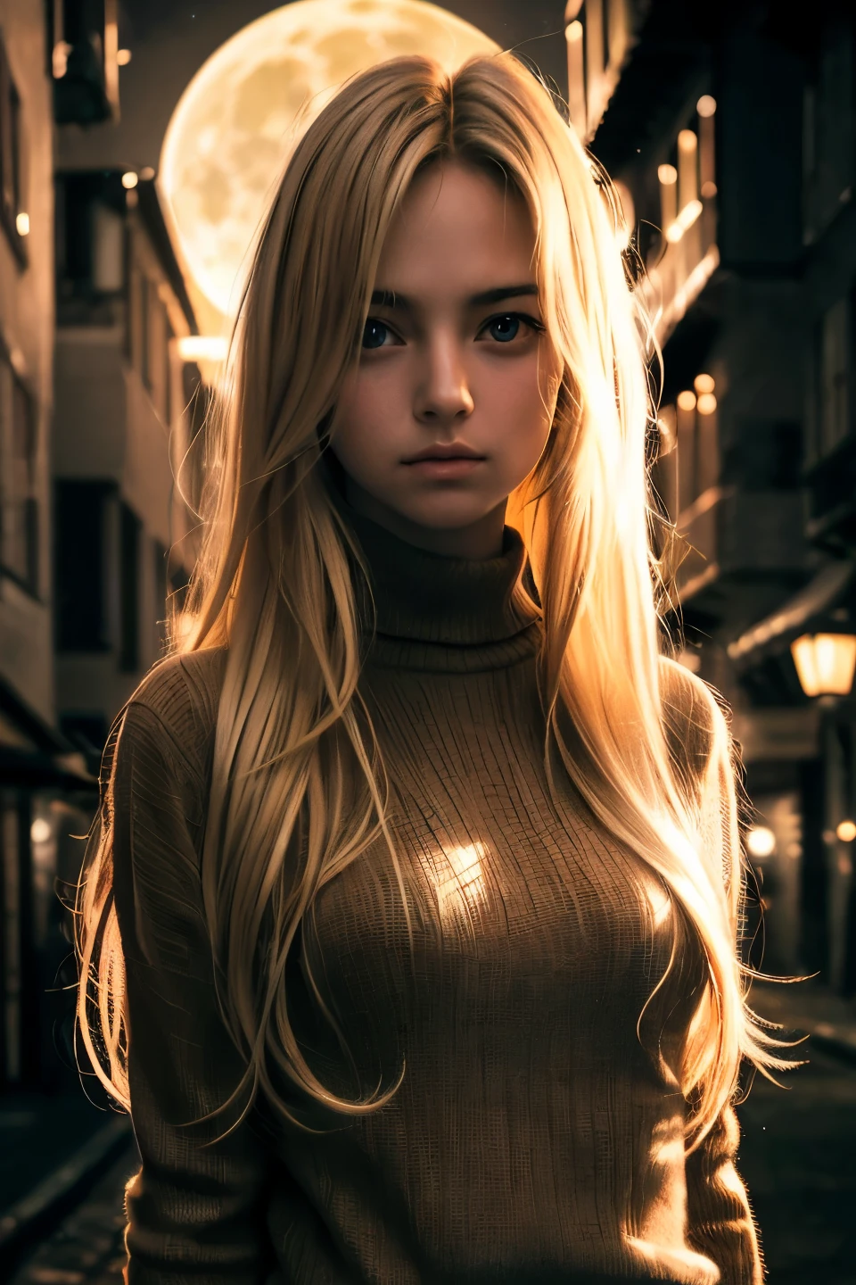 Best quality, masterpiece, ultra high res, (photorealistic:1.4), raw photo, 1girl, long hair, blonde messy hair, detailed eyes and face, frowning, brown sweater, medium breasts,  dynamic lighting, moon light, in the dark, floating hair, quiet street, deep shadow, low key, cowboy shot