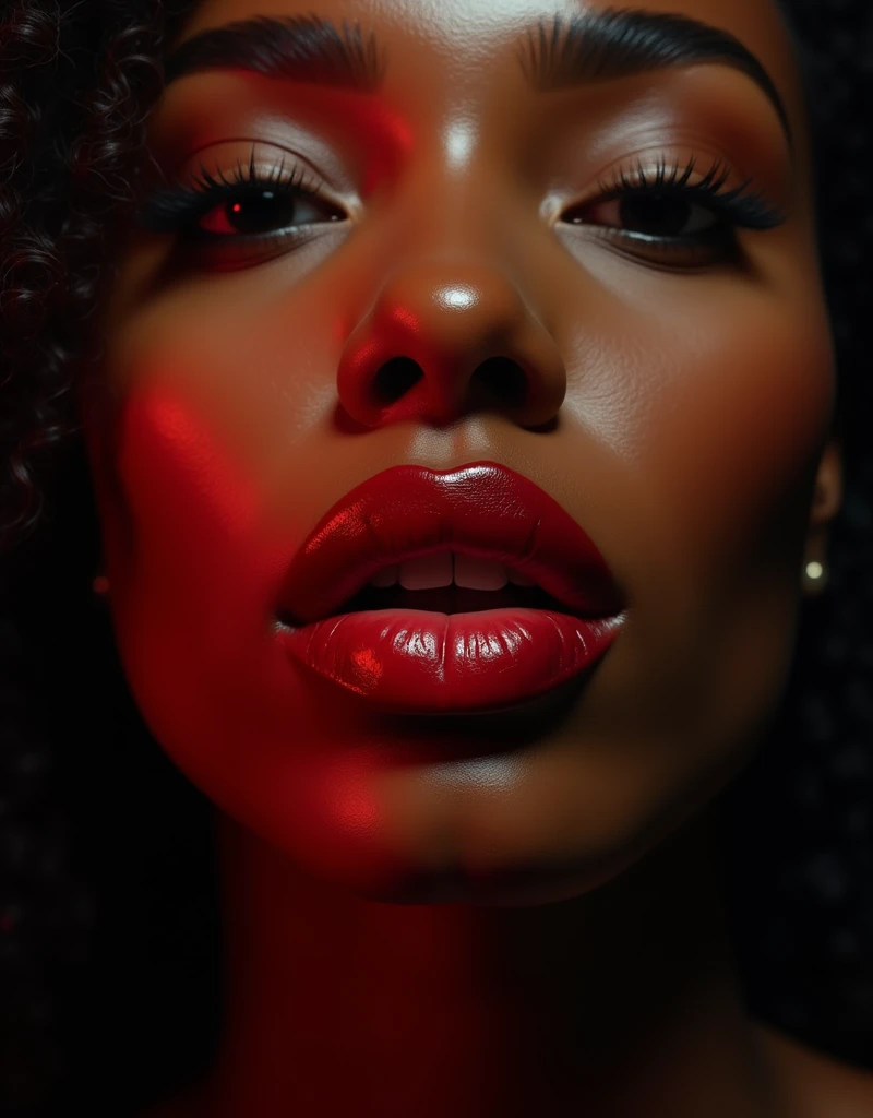 congolese woman, young, naked, very curly mullet, septum piercing, dimples, thick belt around neck, naughty expression, man choking woman, man holding woman in chokehold, man wrapping his arm around woman's neck, choking, transparent red shiny latex bodysuit, close-up, UHD, retina, masterpiece, accurate, anatomically correct, textured skin, super detail, high details, high quality, award winning, best quality, highres