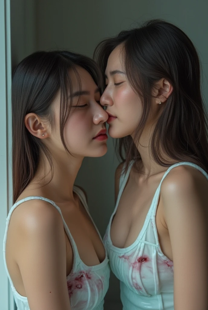 (NSFW),(Raw photo, Best Quality), (Realistic, Photorealsitic:1.2), 2girls, High quality, (highdetailskin:1.4), Two girls hugging，Kissing，Chests are pressed against each other, Colossal tits, nakeness, Bewitching 24-year-old Japan woman, A woman with short hair is being held by a woman with her hair up, The whitest skin,