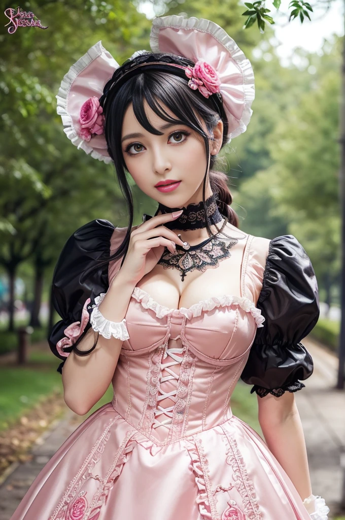 (nsfw), sexy stylish feminine model, only 1 female, ((doll-like appearance)), short magenta stylish hair, ((shiny Victorian-Style boots)), (big smile), ultra detailed eyes, vivid eye makeup, lipgloss, long lashes, defined eyebrows, ((sexy Paradise Kiss cosplay)), bell-shaped skirt, petticoats, high neckline, puffed sleeves, ((ultra detailed lace)), ((ultra detailed embroidery)), intricate details, Paradise Kiss accessoires and matching headpiece, choker, ((large sparkling Paradise Kiss jewelry)), cinematic light, detailed large park background with trees