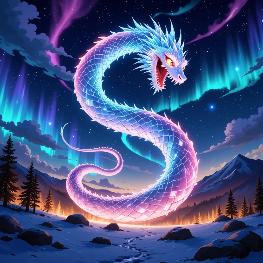 a giant snake-like aurora borealis, glowing ethereal serpent-shaped northern lights, dramatic swirling cosmic energy, otherworldly luminous sky phenomenon, (best quality,4k,8k,highres,masterpiece:1.2),ultra-detailed,(realistic,photorealistic,photo-realistic:1.37),dramatic lighting, vibrant neon colors, surreal atmospheric landscape, mesmerizing celestial display, mystical natural wonder