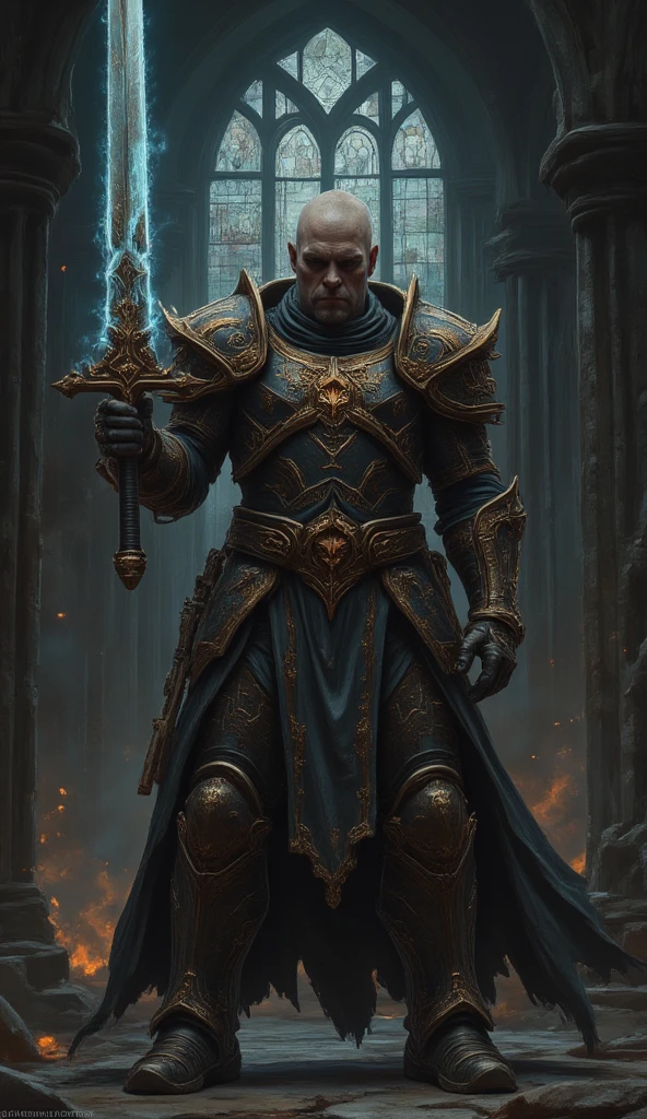 intricate detailed fantasy portrait of an indomitus primaris chaplain from warhammer 40000, impactful dramatic lighting, ornate power armor, intimidating expression, glowing power sword, gothic cathedral background, dramatic lighting, cinematic angles, highly detailed, masterpiece, photorealistic