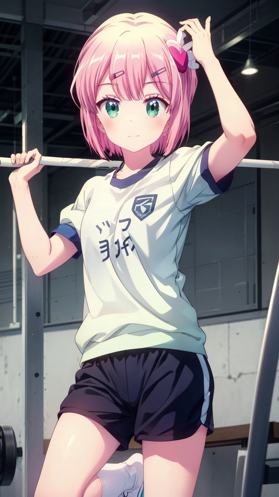 Momo Chiyoda ,  short hair,  pink hair, (Green Eyes:1.5), smile,smile,(Short Sleeve Gym Wear:1.5), Gymnastics, (Gymnastics服を着た女の子), (Gymnastics服を着た女の子), sportswear, shorts,Front open, white long socks,White socks, White background,  is standing, (手を腰に当てる:1.5), flat chest,
break indoors, living,
break looking at viewer,
break (masterpiece:1.2), Best Quality,  high resolution on down,  Unity 8K Wallpaper, (shape:0.8), (  fine and beautiful eyes :1.6),  high-definition face ,  full light, High-definition CG, (Perfect hands, perfect anatomy),