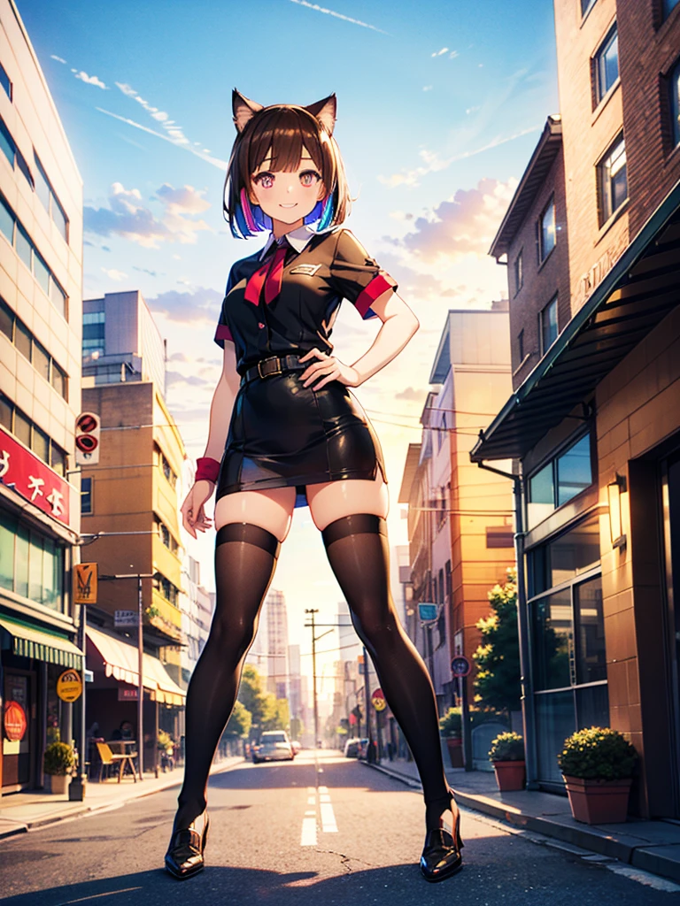 ultra-detailed, Explicit, Beautiful body, Beautiful Nose, Beautiful character design, perfect eyes, perfect face, ultra highres, 4K, beautiful legs, perfect legs, Nice hands, Perfect hand, Masterpiece, Best Quality, Highly detailed, illustration, absurdres, street fighter, doll suit, shadaloo doll, dollsuit, expressionless, blank eyes, looking at viewer, red gloves, emotionless, black latex, corrution, mind control, female combatant, full body, hypnotized, unhappy trance, full body suit, ribbed bodysuit, both arms at side, obey, perfect female body, extremely glossy latex, hypnosis, hypnoLora, empty eyes, Mind control device, poses, submissive_pose, Slave, hat, necktie, standing, standing up straight, Standing at attention, hat, yellow necktie, belt, latex, ribbed bodysuit, thighhighs, garter belt, Fighting Stance, extending the right arm from the shoulder into the air with a straightened hand, military, thigh boots, solo, Elizaveta Fomina, Madan no Ou to Vanadis, elizaveta, heterochromia, yellow eyes, blue eyes, hair ornament, dress, detached sleeves, cleavage, corset, garter straps, thighhighs
