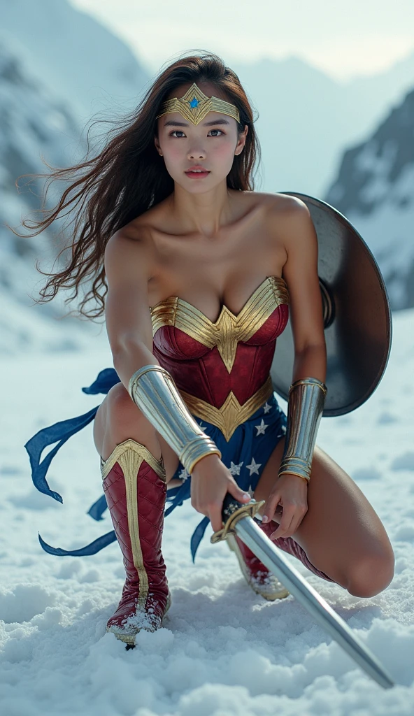 Wonder Woman, Wonder Woman, Portrait of Wonder Woman, Superhero Pose, Superhero Costume, Profile Shot, Heroically Pose, Golden Lasso Falling to the Ground, Clenched Fists, Crossed Arms, ((Top Quality)), (8k, Very detailed, full-length frame, high-detail RAW color art, Masterpiece: 1.2), (Realistic and photorealistic photo: 1.37), Cinematic Light Rendering, Photon Mapping, Physics-Based Rendering, Wonder Woman, (clenched fist),  closed mouth, out of breath, serious, (intricate details, makeup), (delicate and beautiful delicate face, delicate and beautiful delicate eyes, perfectly proportioned face), (realistically moist skin: 1.0), (drenched body: 1.0), (wet skin), wet hair, delicate skin, strong and realistic blue eyes, realistic black hair, lips, makeup, natural skin texture, tiara, jewelry, star \(symbol\), leotard, bulletproof gauntlet, red boots, golden girdle,  (public clothing: 1.5), bare shoulders, slightly sunburned complexion, mature, sexy, elastic muscles, (muscles:1.3), ((strong and healthy body)), ((((more) muscles))), long legs, curves, (big breasts: 1.3), thin waist, soft waist, (delicate skin), (beautiful and sexy woman), (swollen lips: 0.9), (eyelashes: 1.2), very delicate muscles,